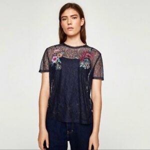 Zara | Navy Blue Lace Sheer Embroidered Blouse Top Size M